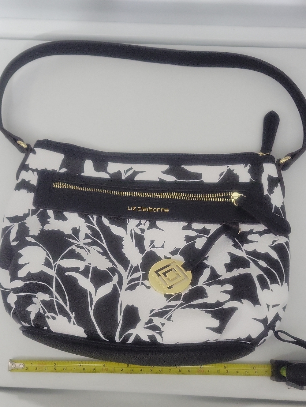 Liz Claiborne Black & White Floral Shoulder Bag with Gold Accent